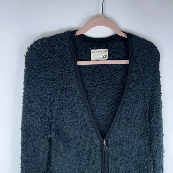Rag & Bone Textured Knubby Knit Cardigan Black Zip Up Cotton Wool V Neck XS - Picture 3 of 12